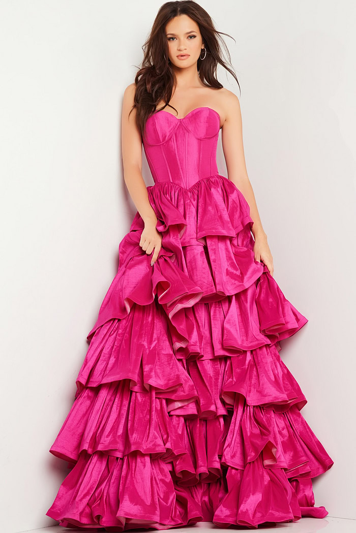 Model wearing Jovani 36619 fuchsia ball gown, full length front view.