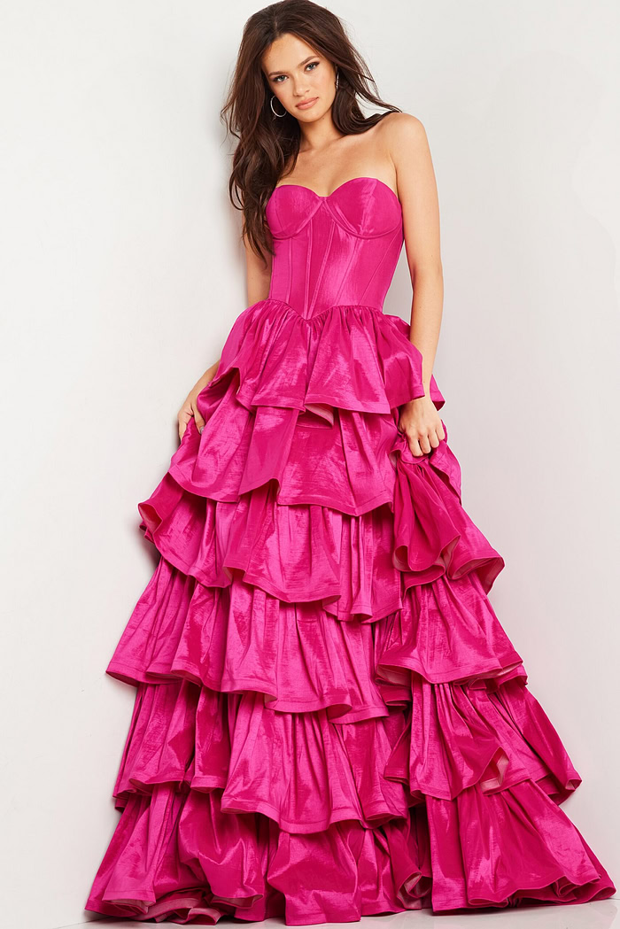 Model wearing Jovani 36619 fuchsia ball gown, full length front view.