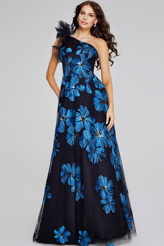 Jovani 36717 navy gown front view with floral accents