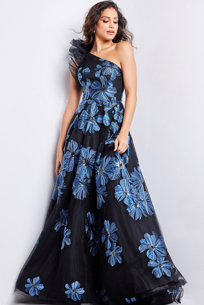 model in Jovani 36717 navy gown with one-shoulder neckline