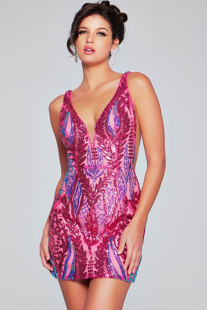Model wearing Jovani 36784 vibrant pink sequin dress, front view.