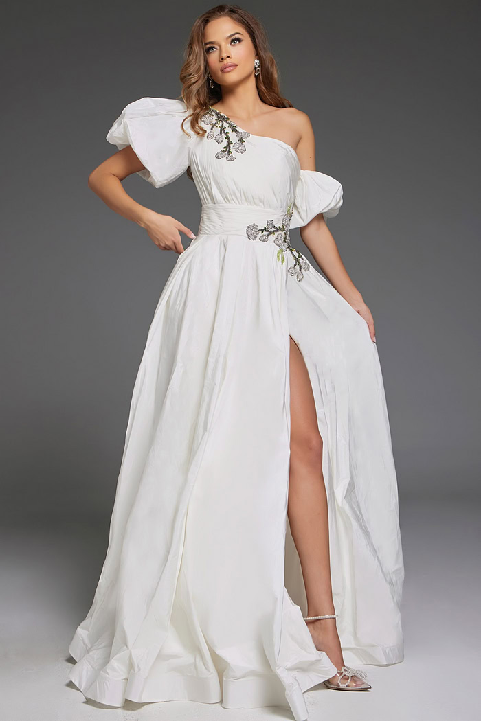 model wearing Jovani 36872 white gown back view with puffy sleeve detail