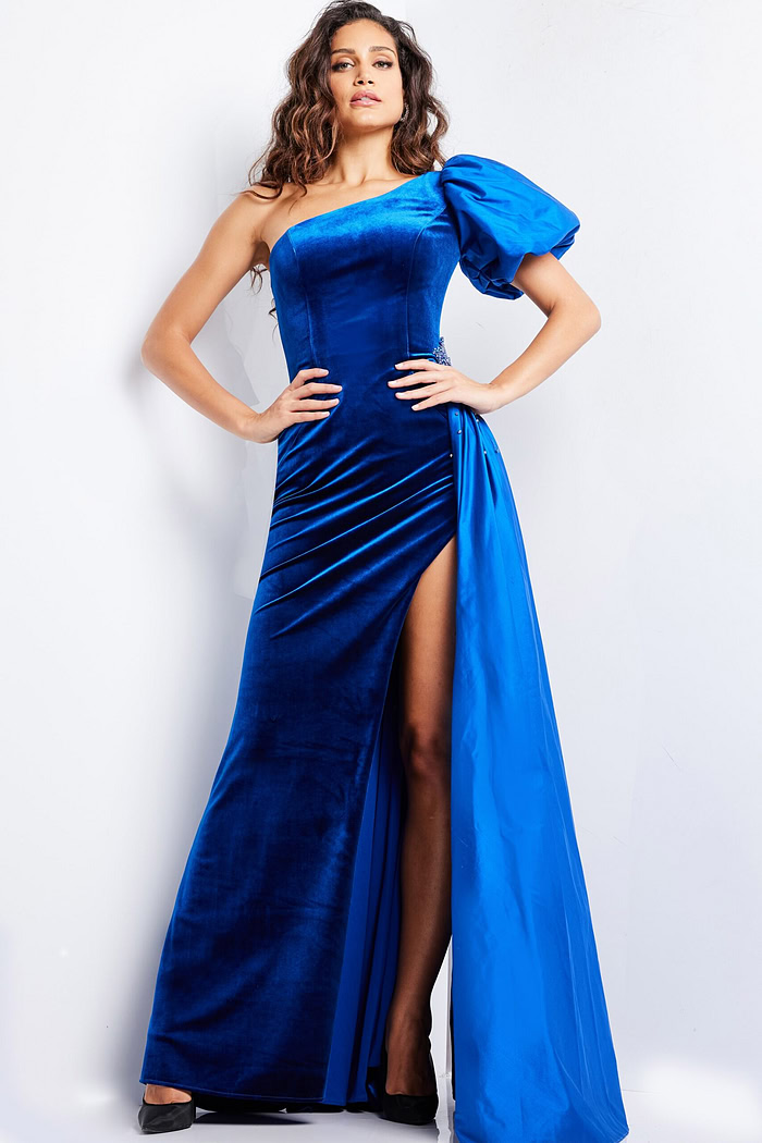 model wearing Jovani 36878 royal dress with hands on hips