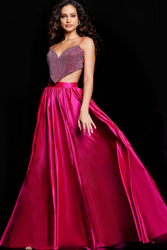 Model showing back of Jovani 37045 fuchsia dress with flowing skirt