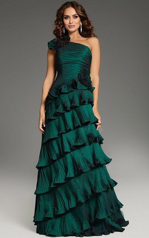 Model wearing Jovani 37065 elegant green tiered gown with one-shoulder neckline.