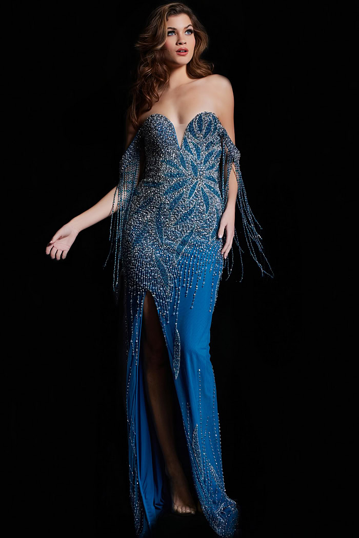 Model wearing Jovani 37073 blue dress featuring beaded fabric and a high slit