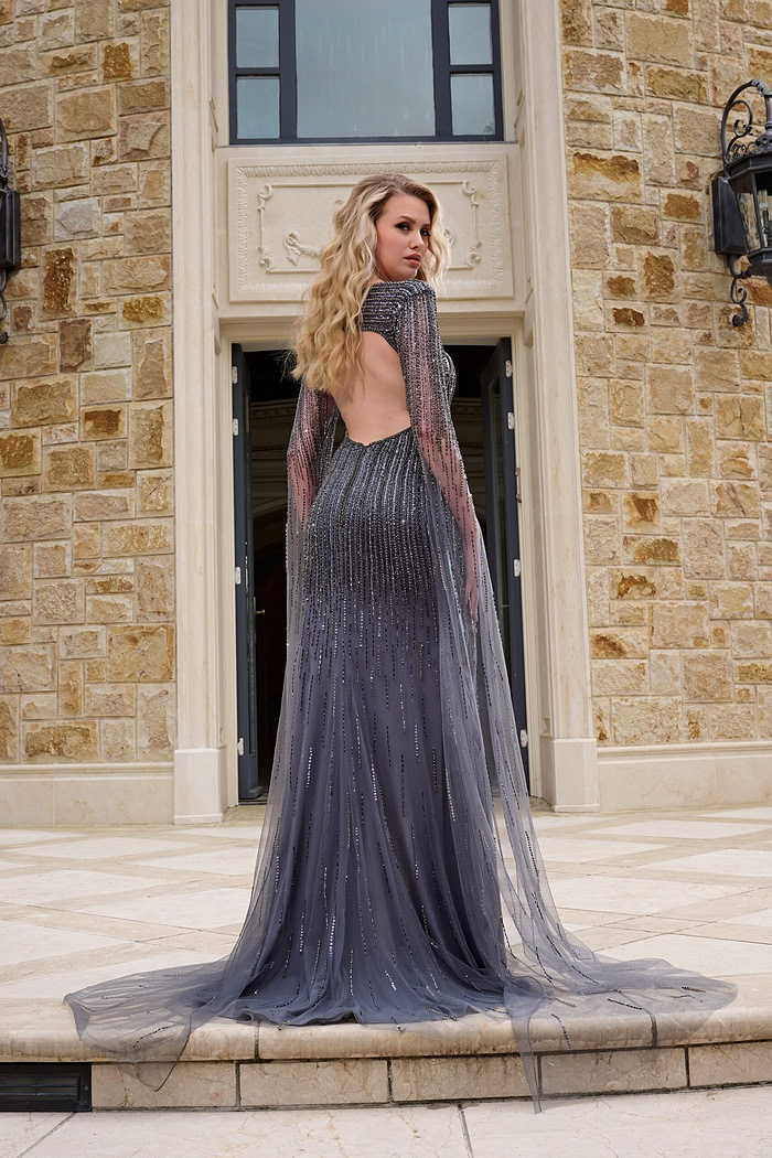 model showcasing back of 37194 gunmetal gray gown with open back