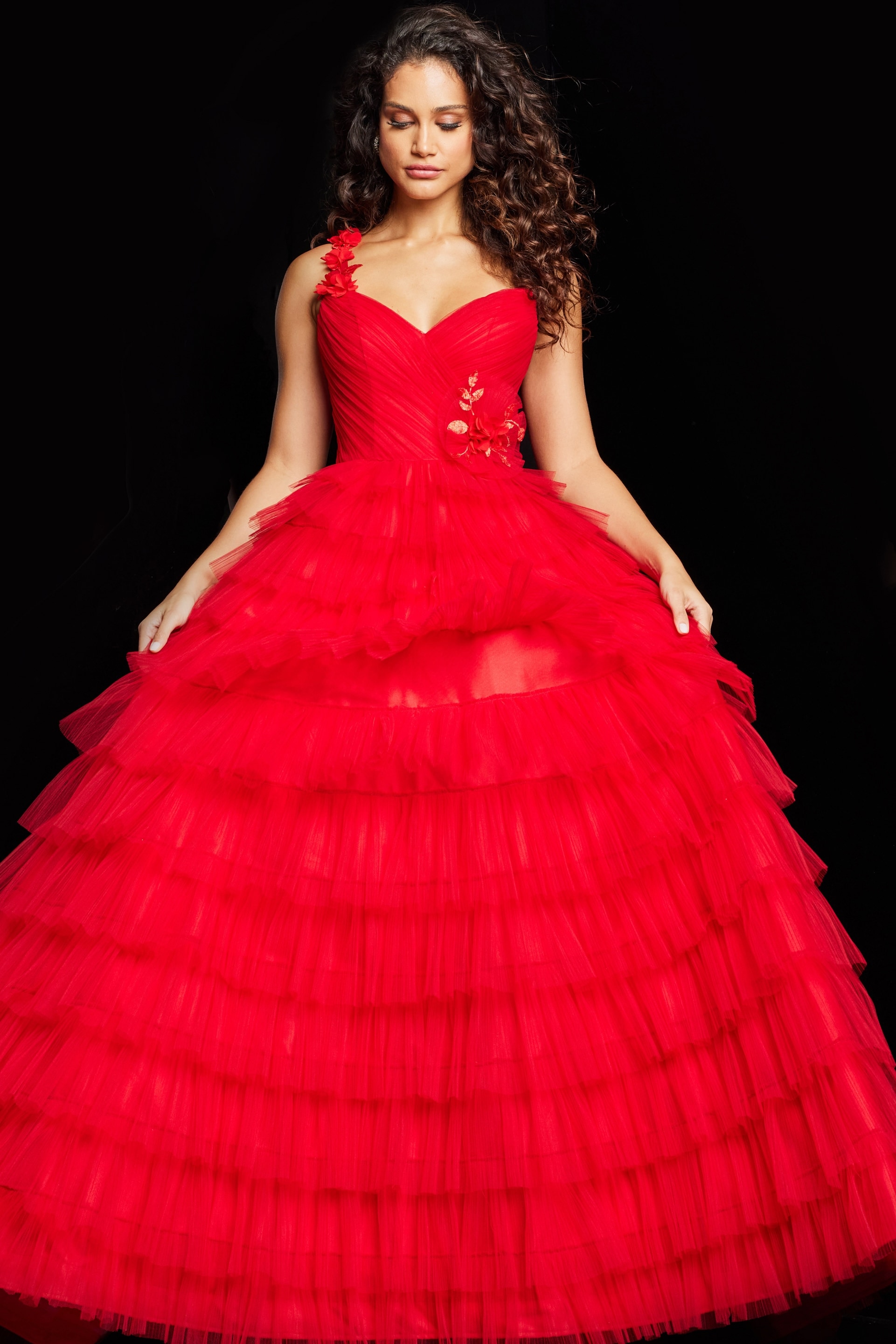 Model showcasing Jovani 37274 red dress