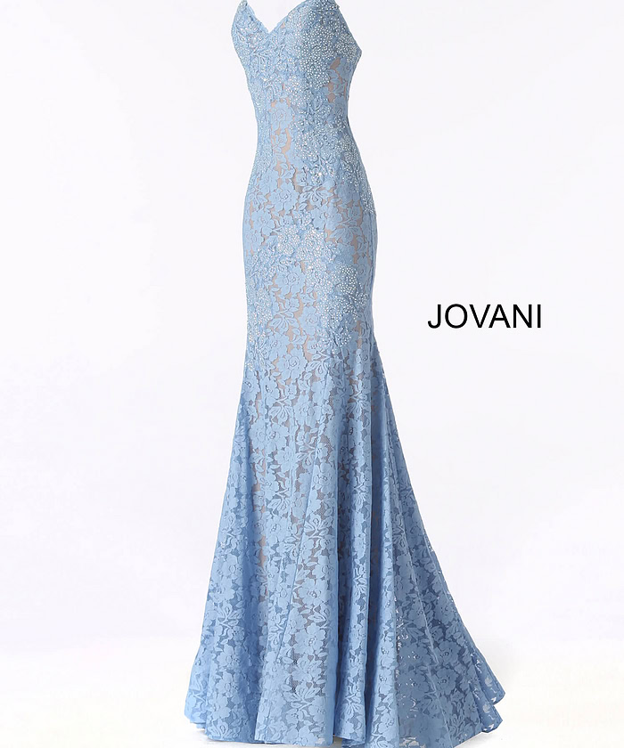 Jovani 37334 light blue lace mermaid gown with sweetheart neckline on display