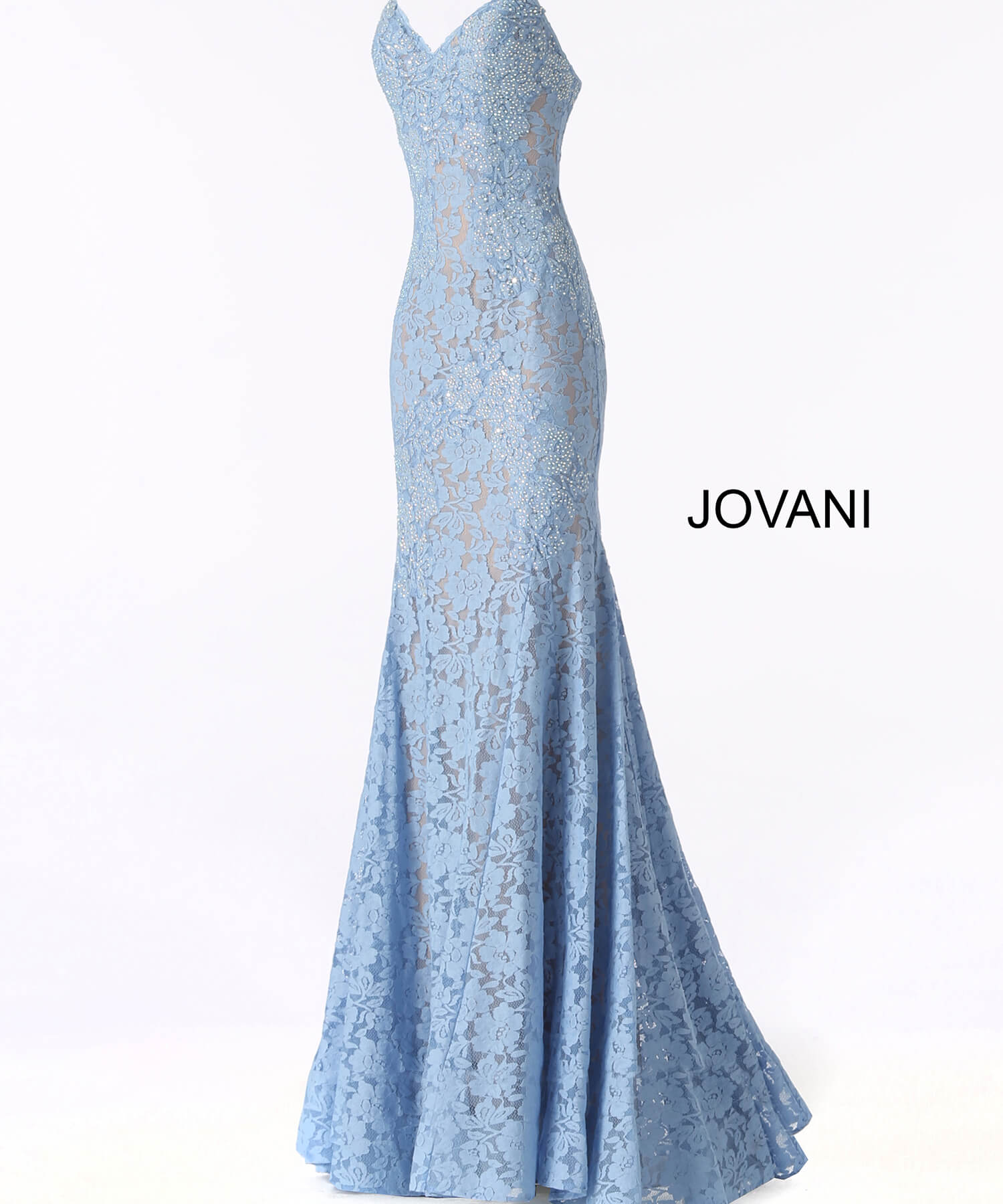 Jovani 37334 light blue lace mermaid gown with sweetheart neckline on display