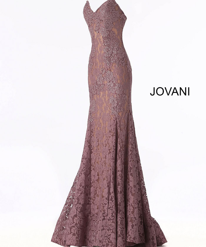 Jovani 37334 blush lace mermaid gown with sweetheart neckline on display