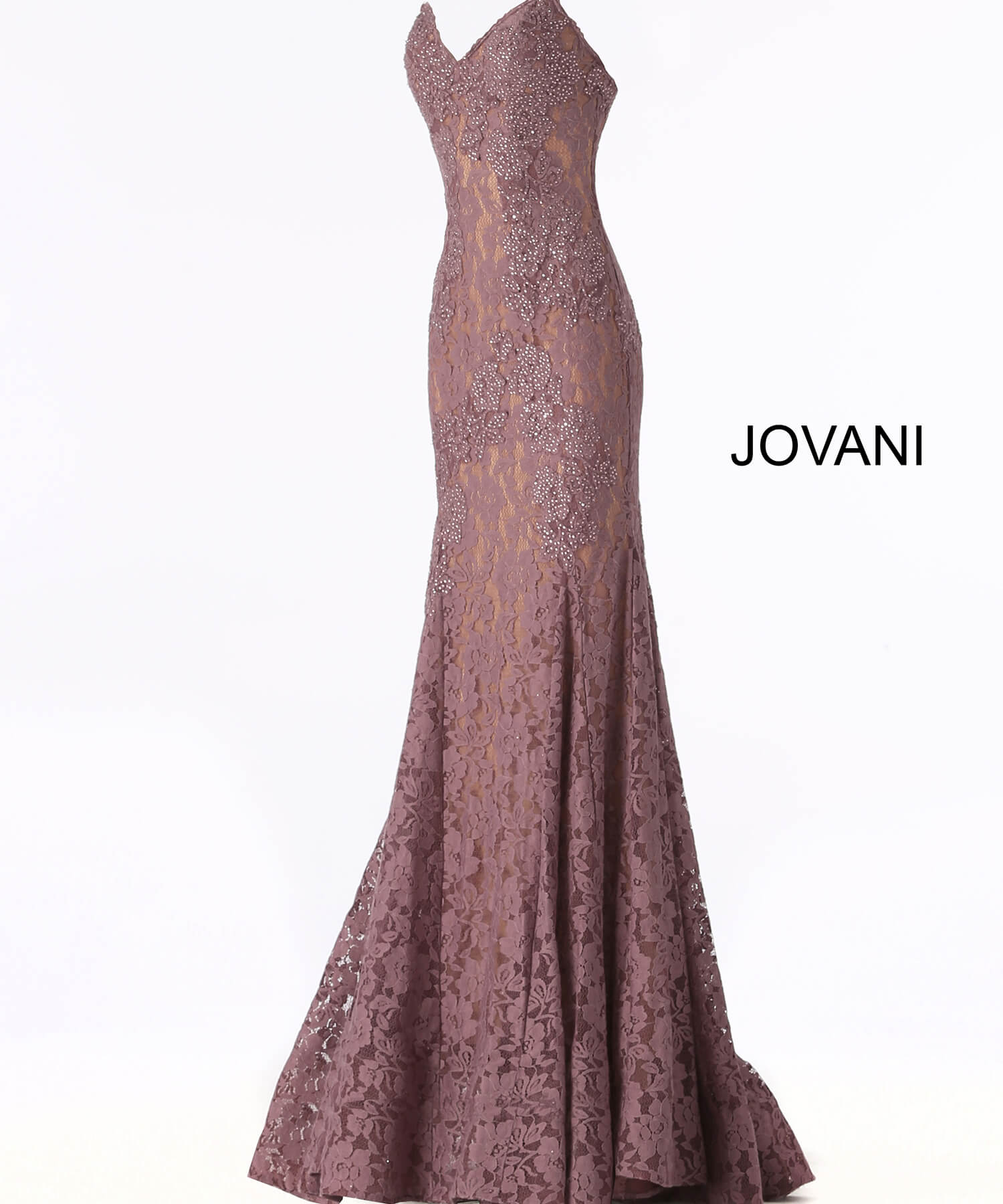 Jovani 37334 blush lace mermaid gown with sweetheart neckline on display