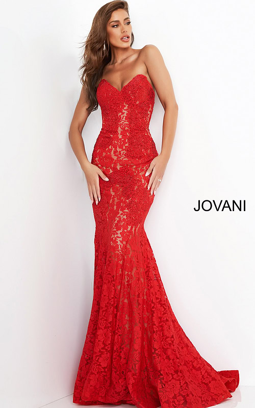Model wearing Jovani 37334 red lace mermaid gown with sweetheart neckline