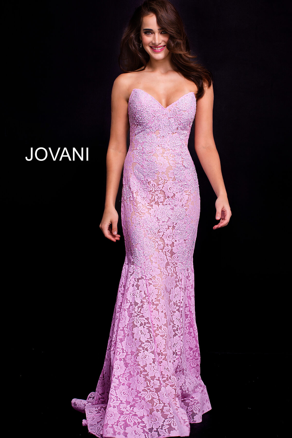 Model wearing Jovani 37334 lilac lace mermaid gown with sweetheart neckline