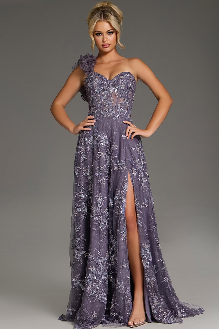 Model wearing Jovani 37353 navy gown, full-length front view showcasing the elegant silhouette and high slit.