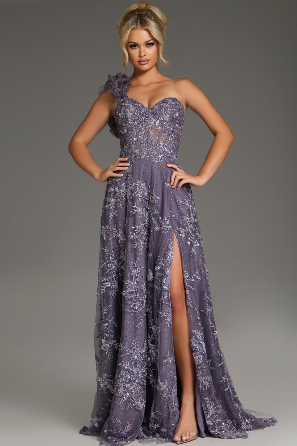 Model wearing Jovani 37353 navy gown, full-length front view showcasing the elegant silhouette and high slit.