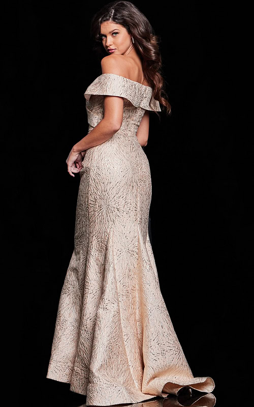 Model wearing Jovani 37394, beige off-the-shoulder gown, back view.