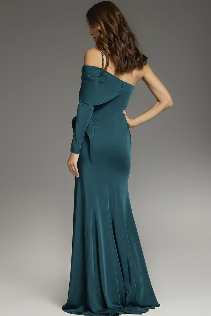 Back view of Jovani 37566 green dress showing the flowing skirt design.