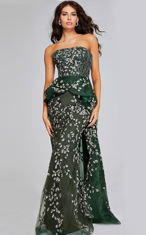 Model wearing Jovani 37599 dark green floor-length dress with strapless neckline and leaf patterns, front view.