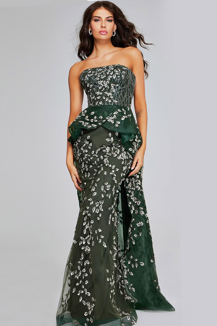Model wearing Jovani 37599 dark green floor-length dress with strapless neckline and leaf patterns, front view.