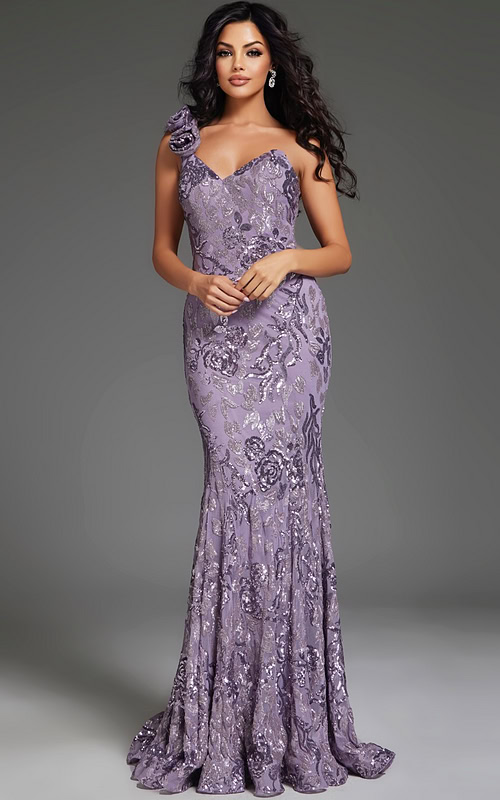 Model wearing Jovani 37634 lilac gown with sweetheart neckline and floral appliqués.