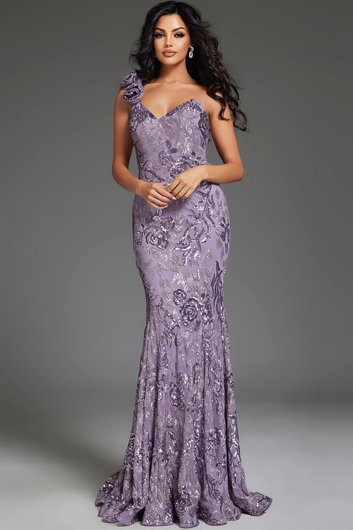 Model wearing Jovani 37634 lilac gown with sweetheart neckline and floral appliqués.
