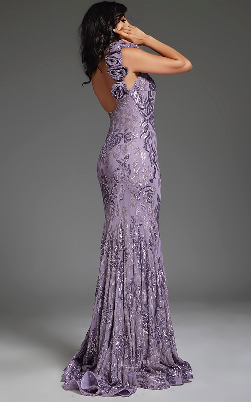 Back view of Jovani 37634 gown in lilac, displaying open back design.