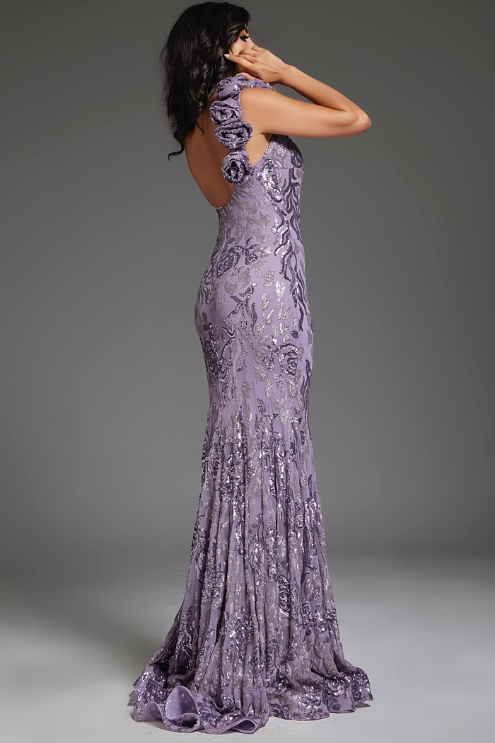 Back view of Jovani 37634 gown in lilac, displaying open back design.