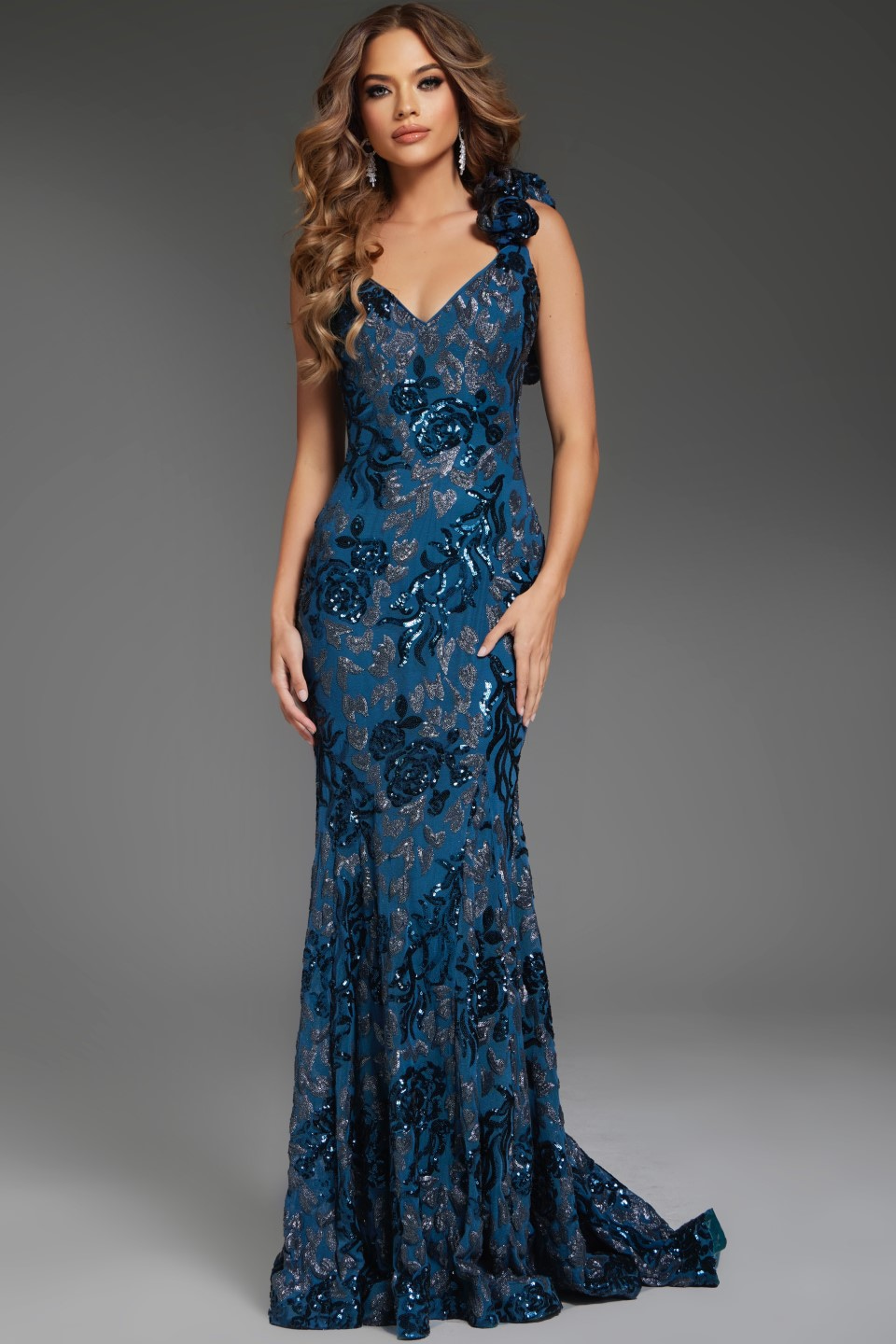 Front view of Jovani 37634 blue gown with sweetheart neckline and floral embellishments.