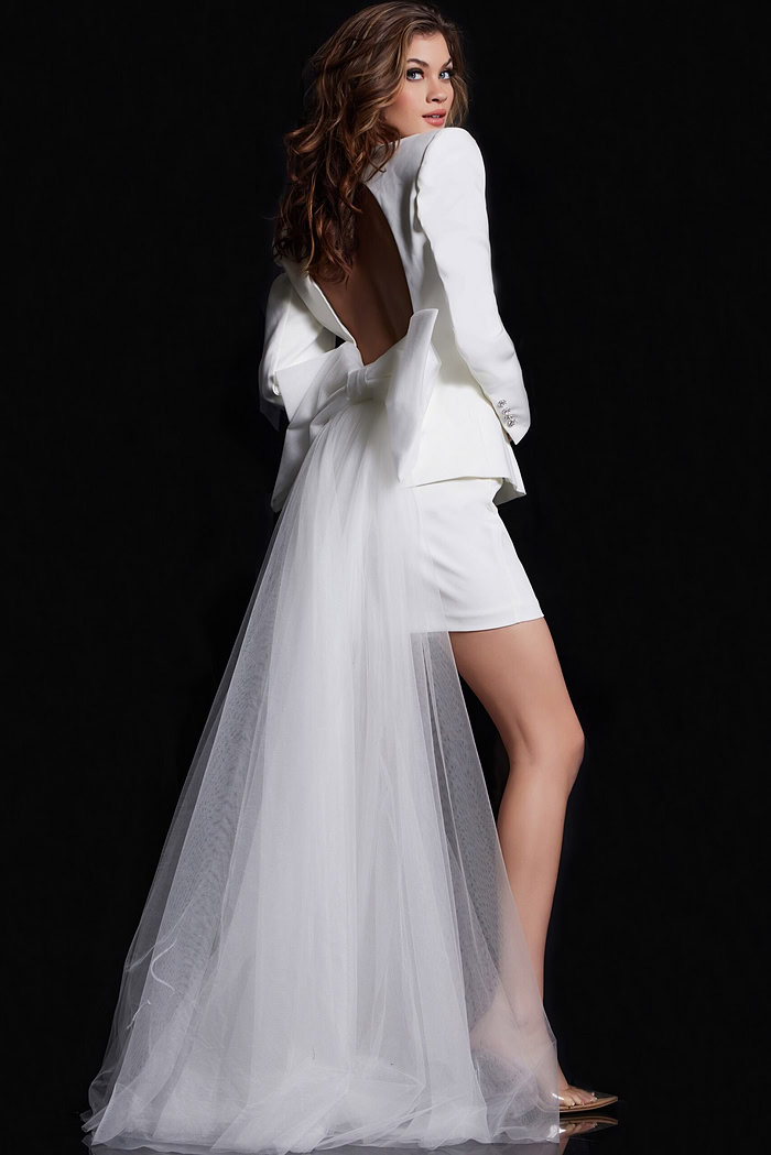 model in Jovani 38084 dress with open back and tulle train, elegant white ensemble