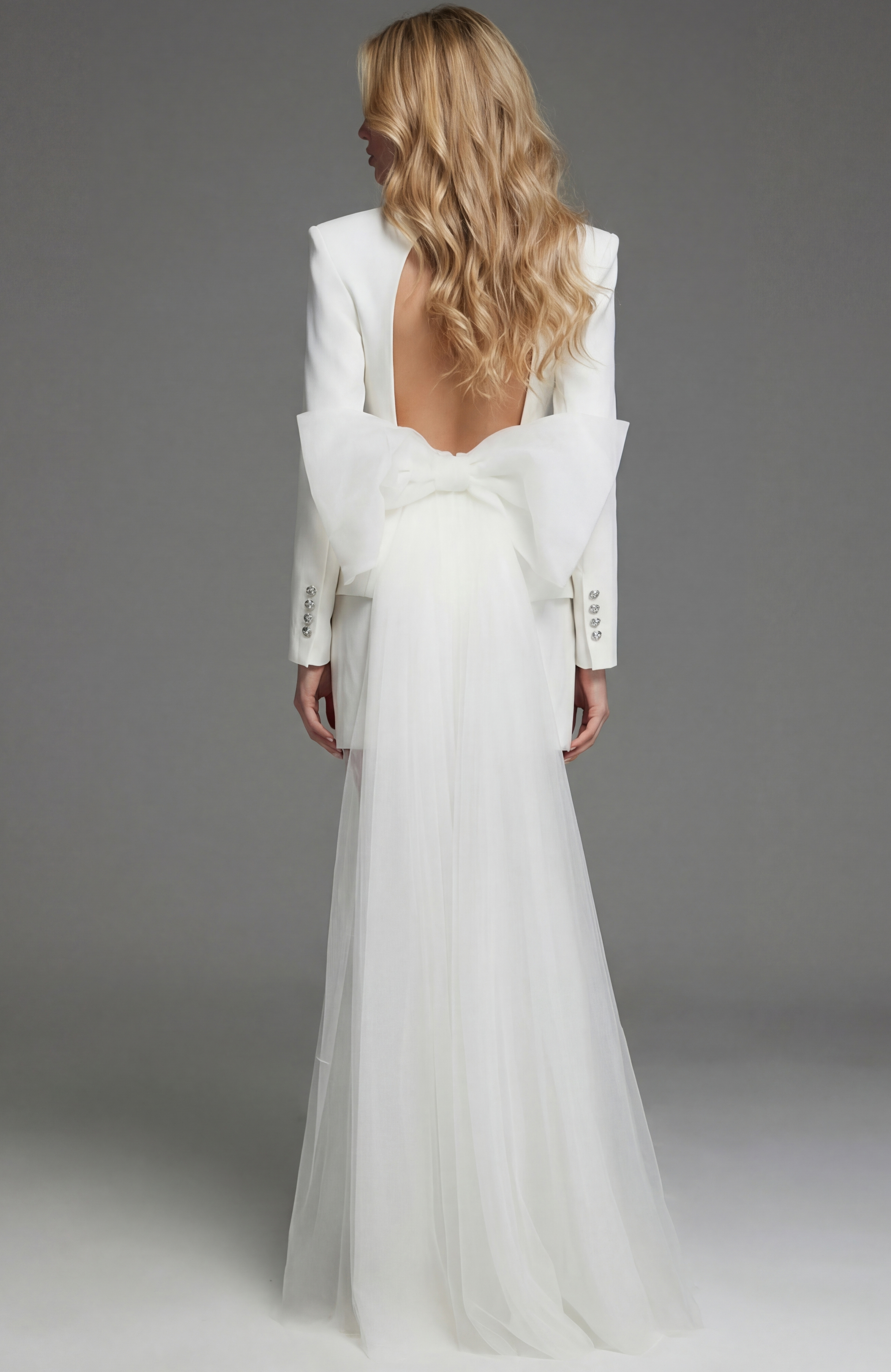 Structured V Neck Jacket Dress With Sheer Floor Length Train