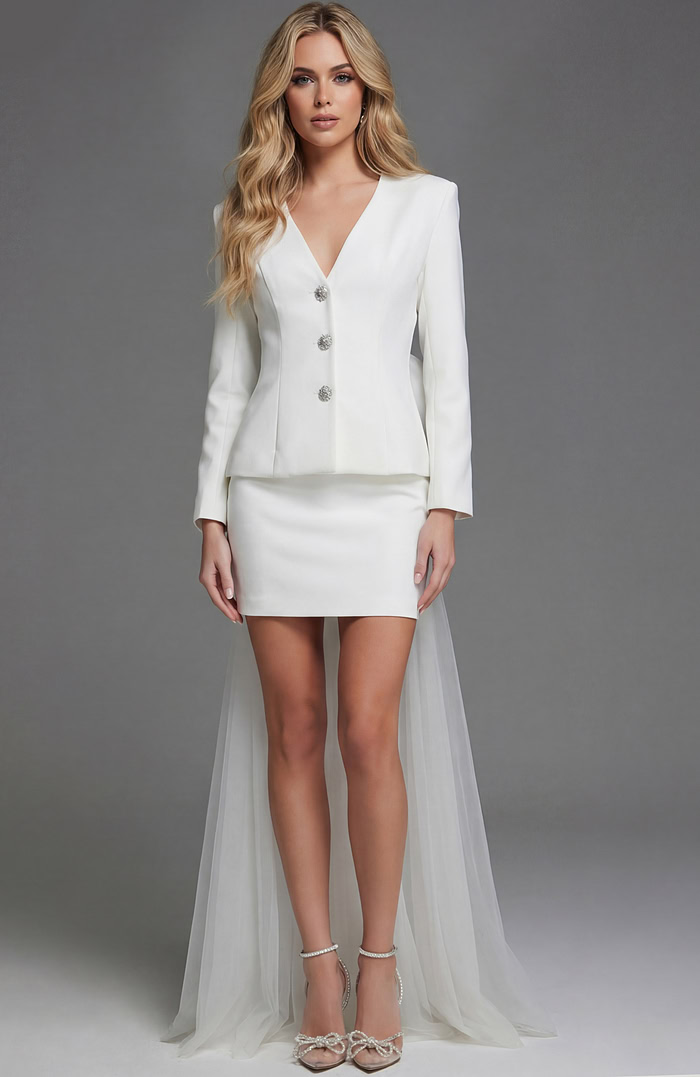 White Tailored Mini Dress With Open Back And Oversized Bow Train