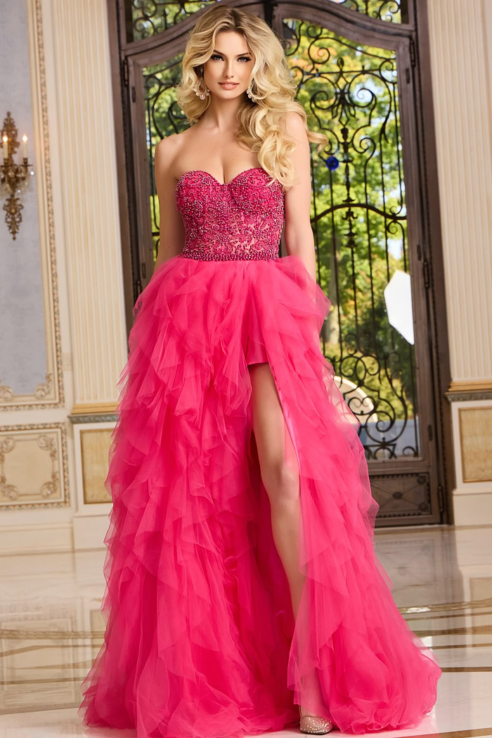 model wearing Jovani 40816 pink dress showing high slit in A-line silhouette