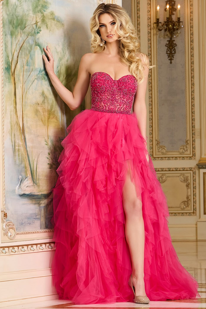 model wearing Jovani 40816 pink dress featuring high slit and sweetheart neckline