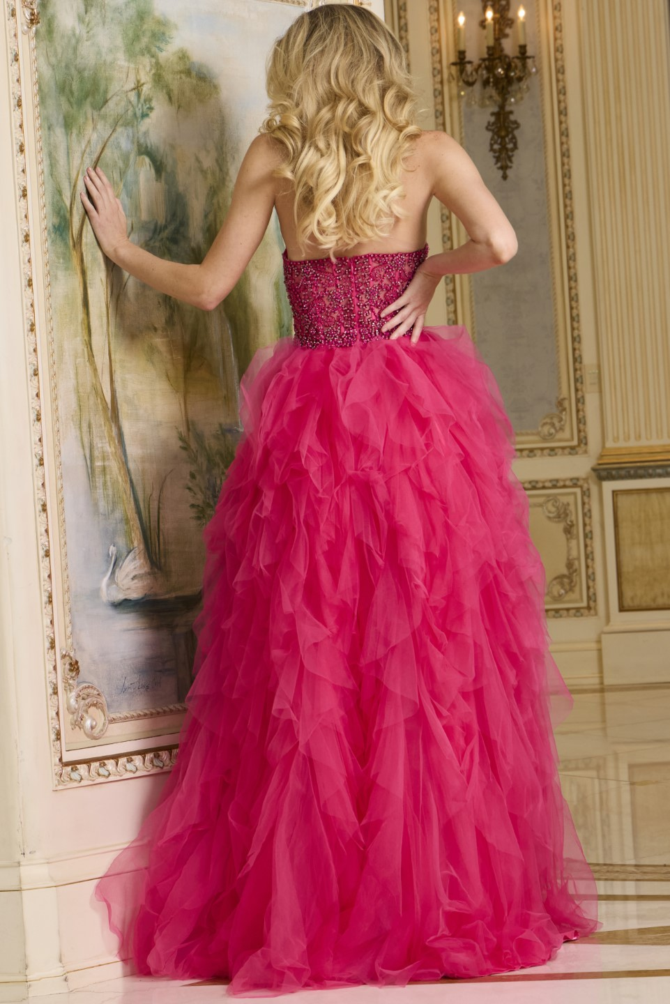 back view of Jovani 40816 pink dress showing layered tulle skirt