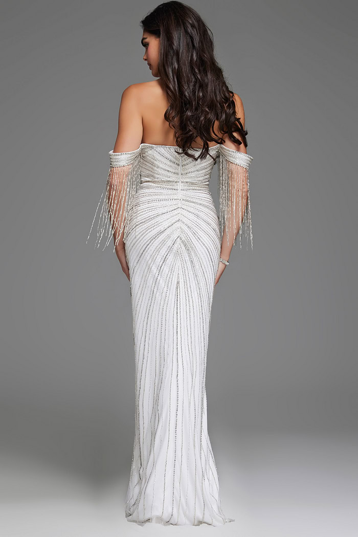 Back view of model wearing Jovani 38274 white gown highlighting the off-the-shoulder design and fitted silhouette.