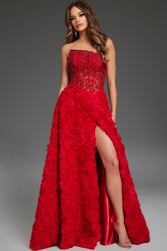 model wearing Jovani 38317 red gown in front view showcasing beadwork and high slit
