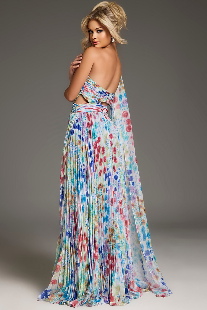 Model wearing Jovani 38689 floor-length dress with high slit
