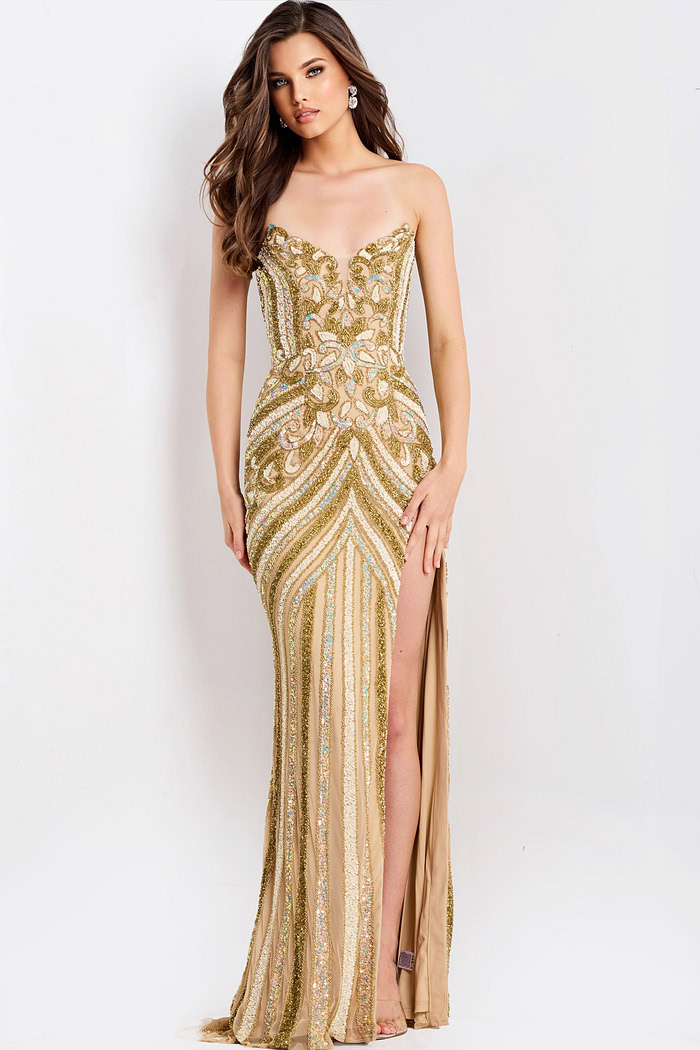 Shimmering gold prom dress with open back