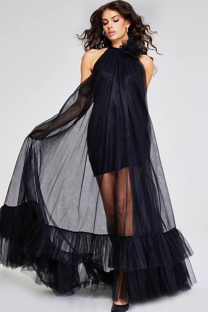model wearing Jovani 38720 black dress with halter neckline and ruffled tiers