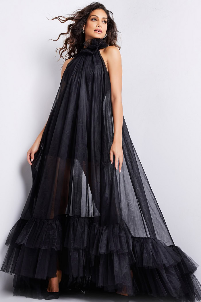model wearing Jovani 38720 black dress with floral accent
