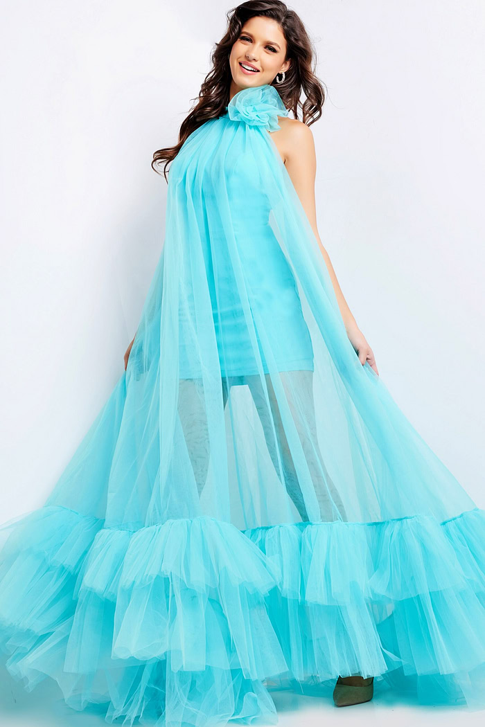 model wearing Jovani 38720 turquoise dress