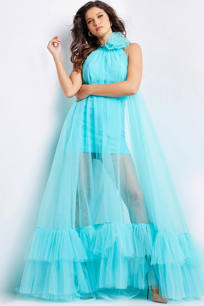 model wearing Jovani 38720 turquoise dress front view