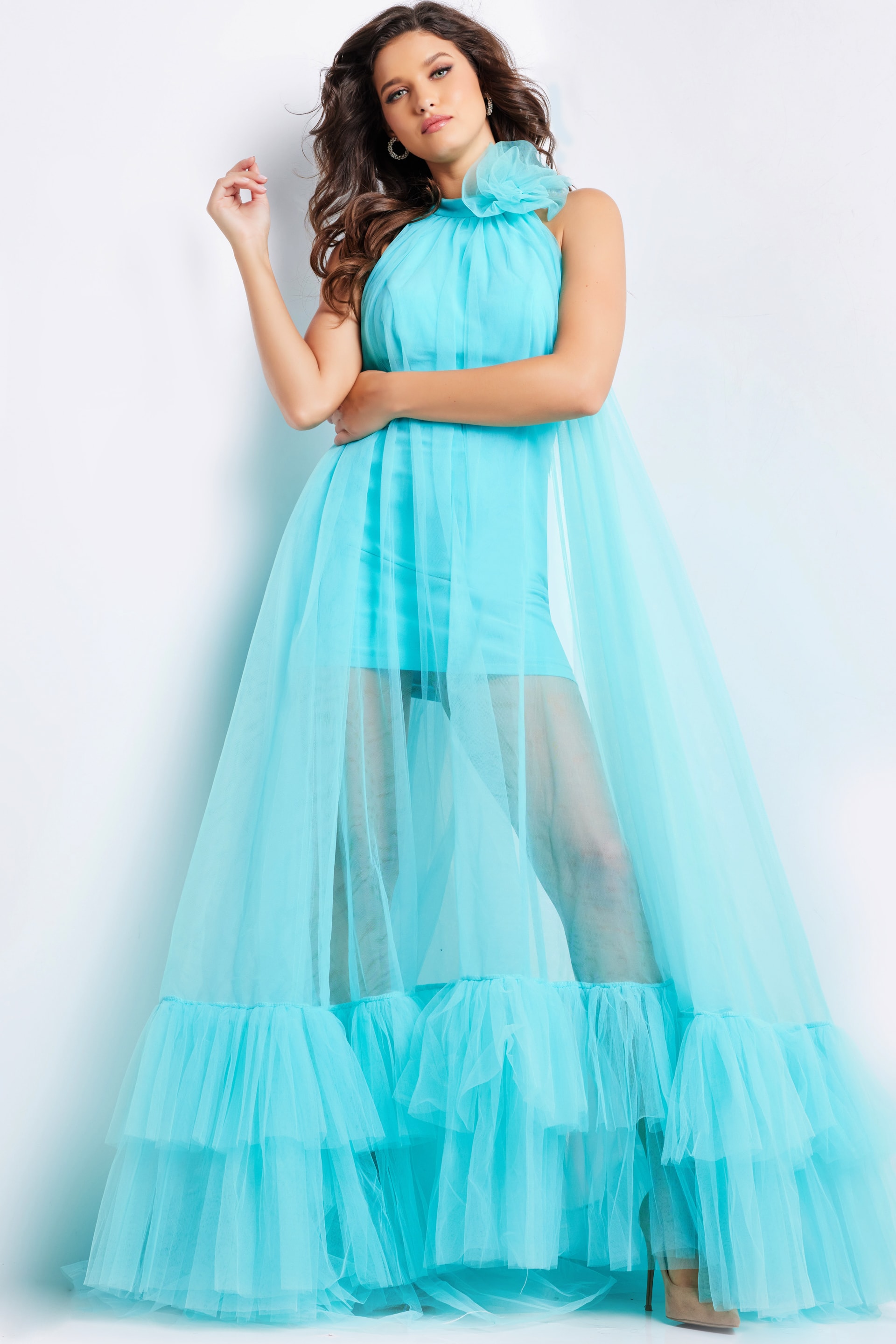 model wearing Jovani 38720 turquoise dress front view