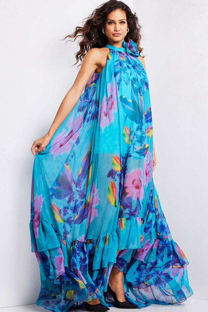 Front view of Jovani 38721 dress, highlighting the colorful print and floral neckline detail.