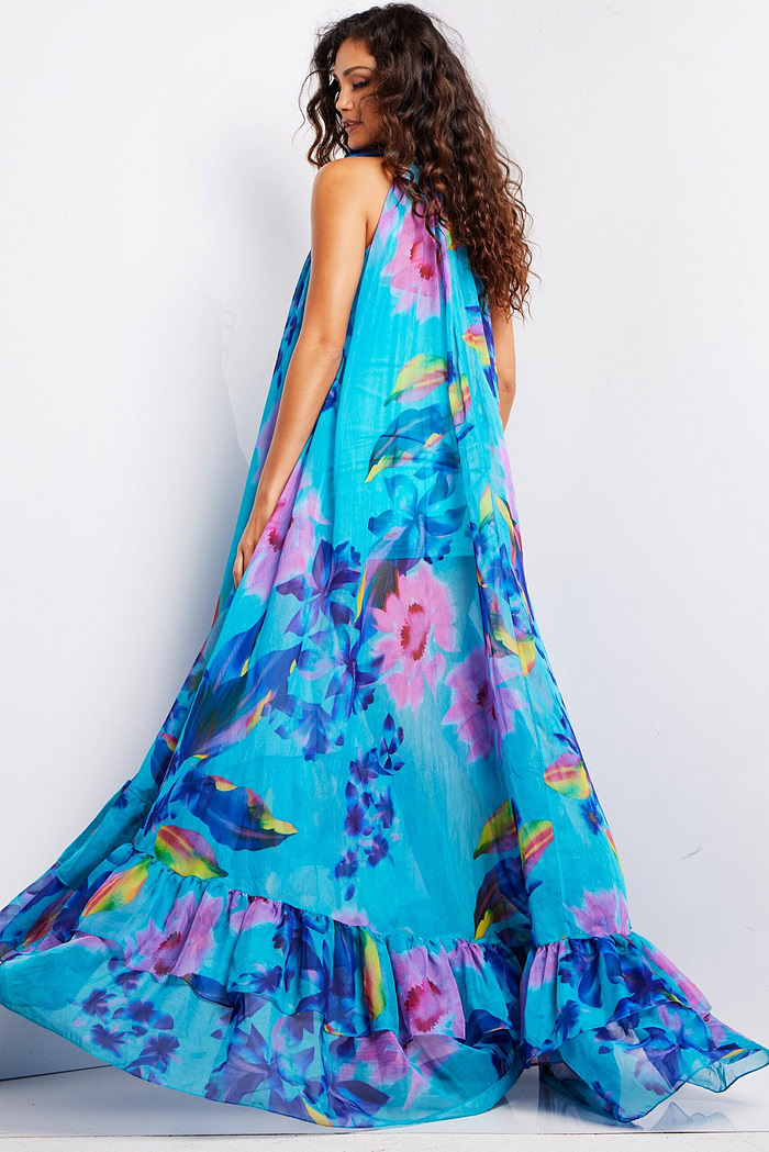 Back view of Jovani 38721 dress, showcasing the vibrant print and flowing fabric.