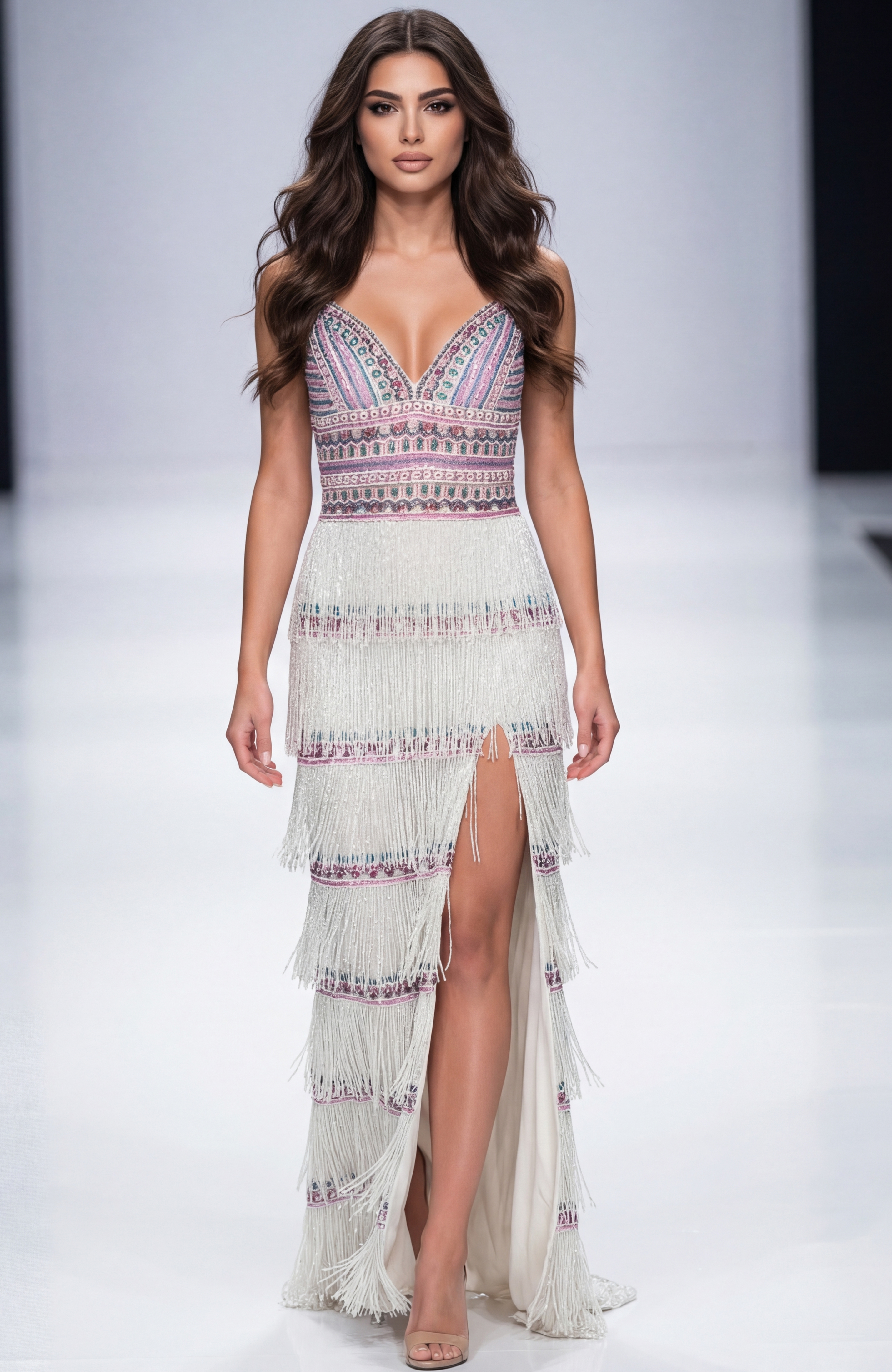 white multi layered fringe dress 38846
