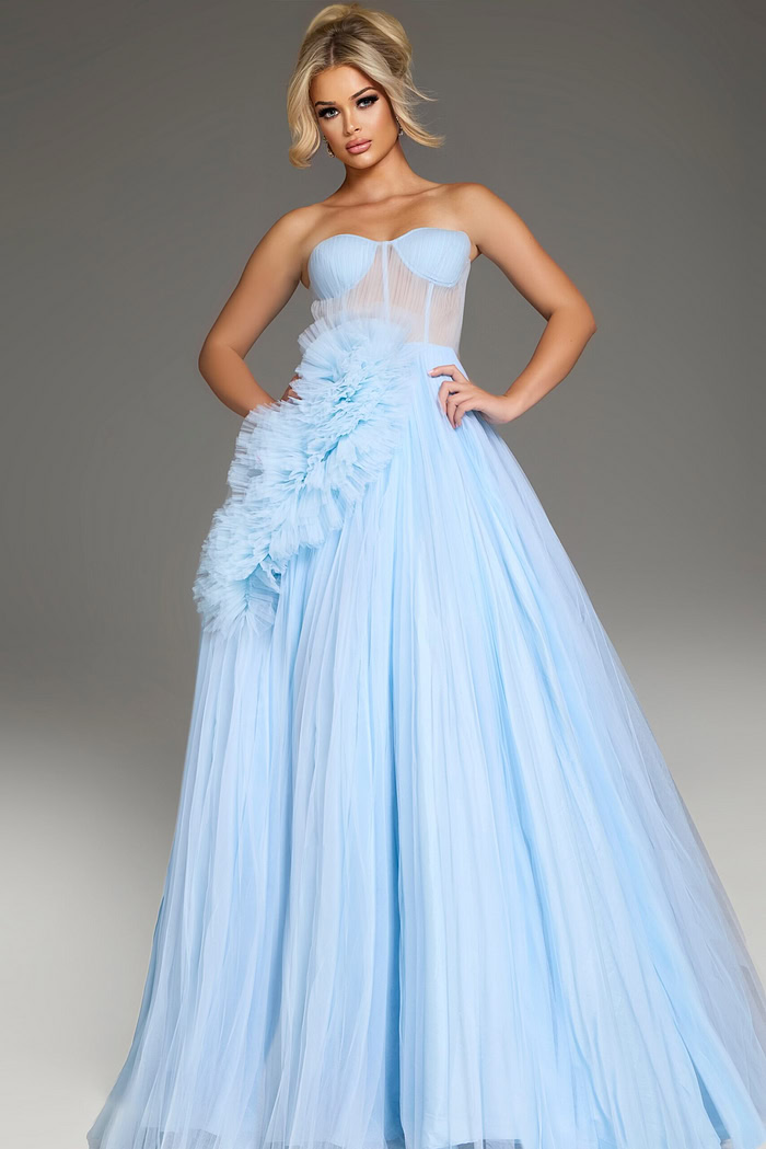 Model wearing Jovani 38946 black gown, front view displaying the unique side draping.
