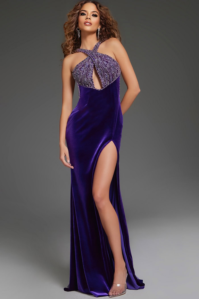 Model wearing Jovani 38951 purple gown with beaded neckline and high slit, front view.