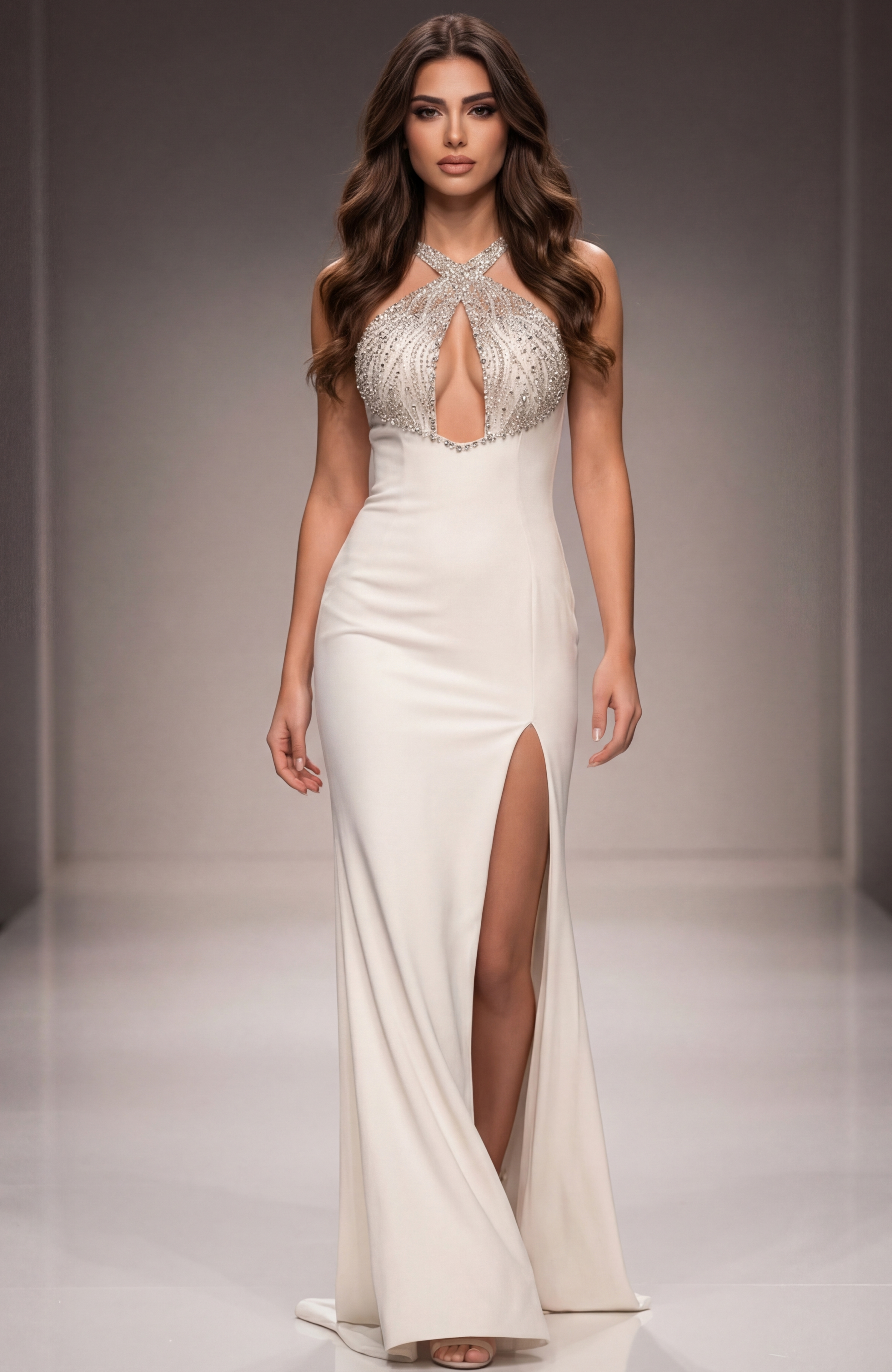 halter neck high slit white dress 38951